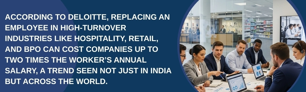 HR team analyzing employee turnover costs in corporate office setting HR team analyzing employee turnover costs in corporate office setting