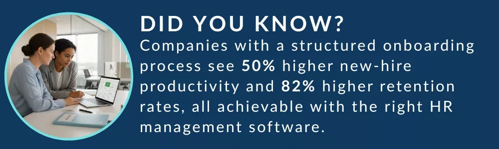 HR manager onboarding new employee using digital HR software in office