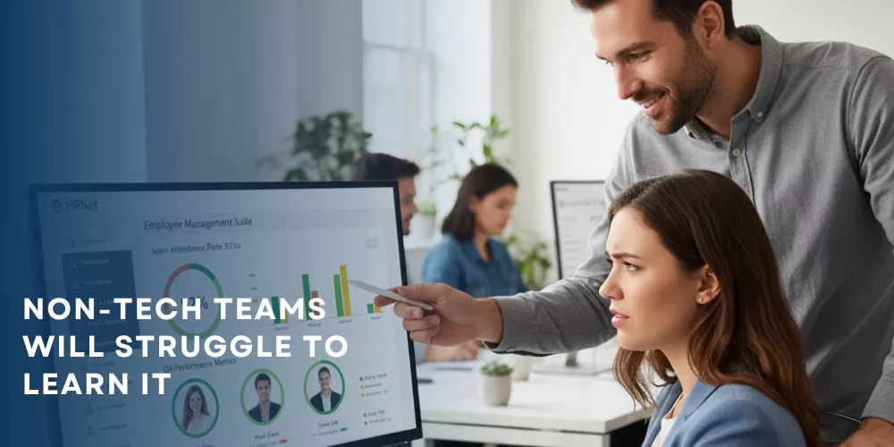 Trainer helping confused employee learn HR software in office Trainer helping confused employee learn HR software in office