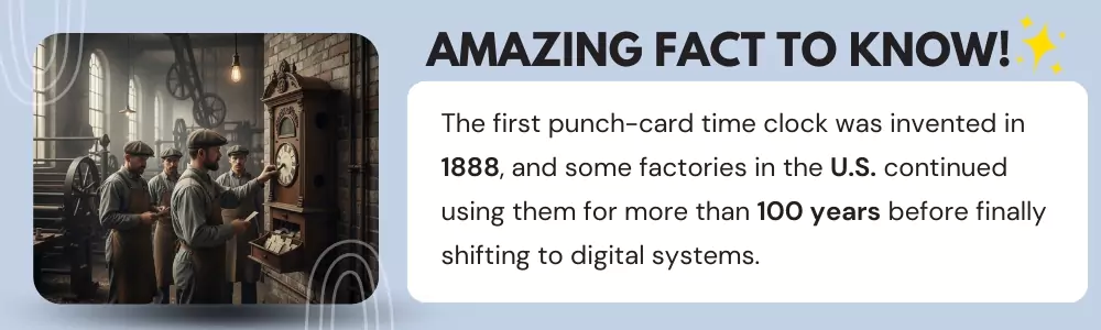 Workers using vintage punch-card time clock beside modern biometric scanner