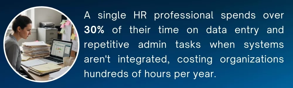 HR professional overwhelmed with data entry and admin tasks at a desk