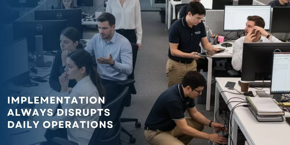 Employees adjusting during HR software implementation in office Employees adjusting during HR software implementation in office