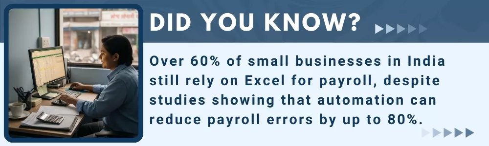 Small business owner using Excel for payroll in modest office setting
