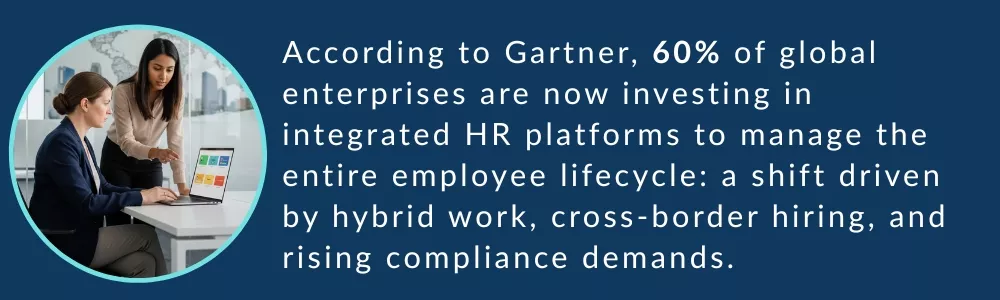 Enterprise HR team reviewing integrated HR platform on laptop