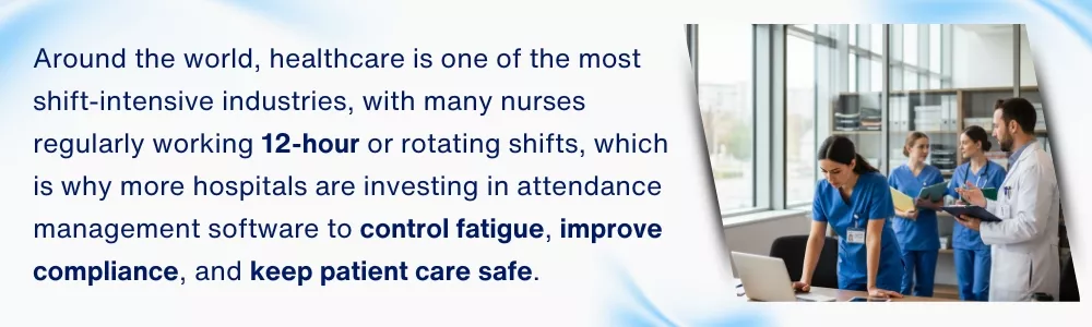 Nurses reviewing digital attendance and shift data on a hospital wall screen