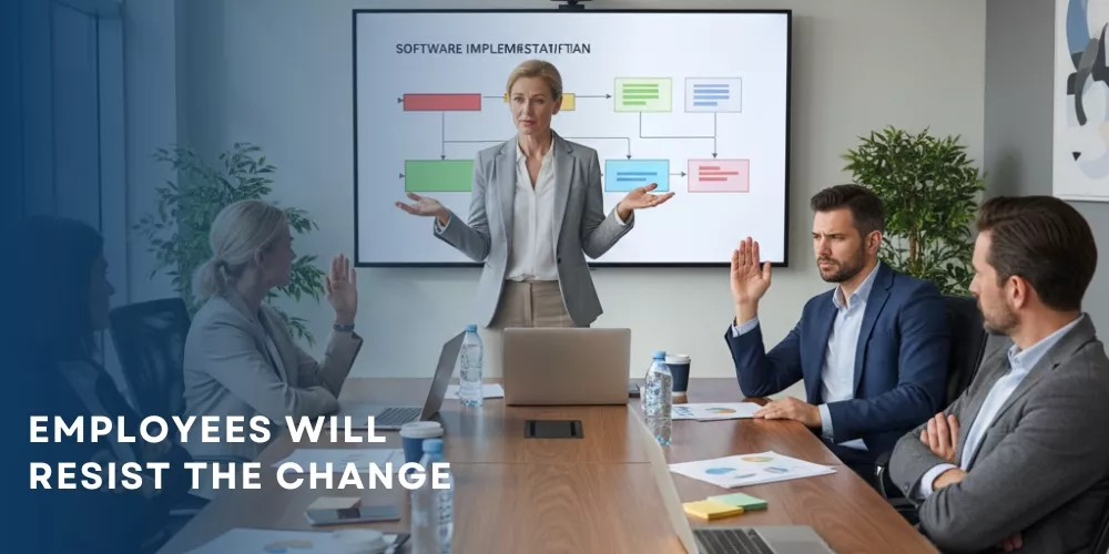 Team showing hesitation during HR software introduction Team showing hesitation during HR software introduction