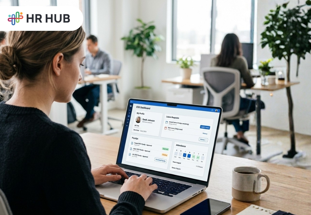 Employee using self-service portal to manage leave, payroll, and HR tasks digitally