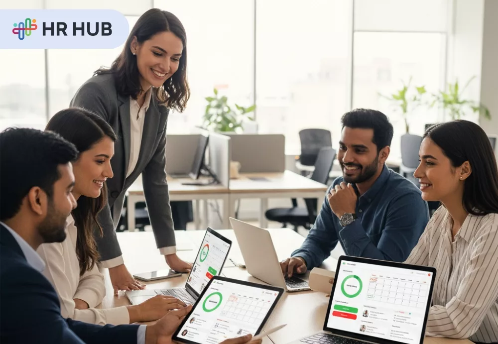 HR professional using digital leave management software in modern office