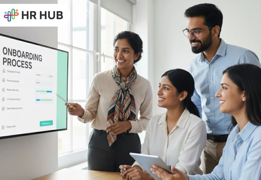 Employee using HR HUB onboarding software for a seamless first-day experience