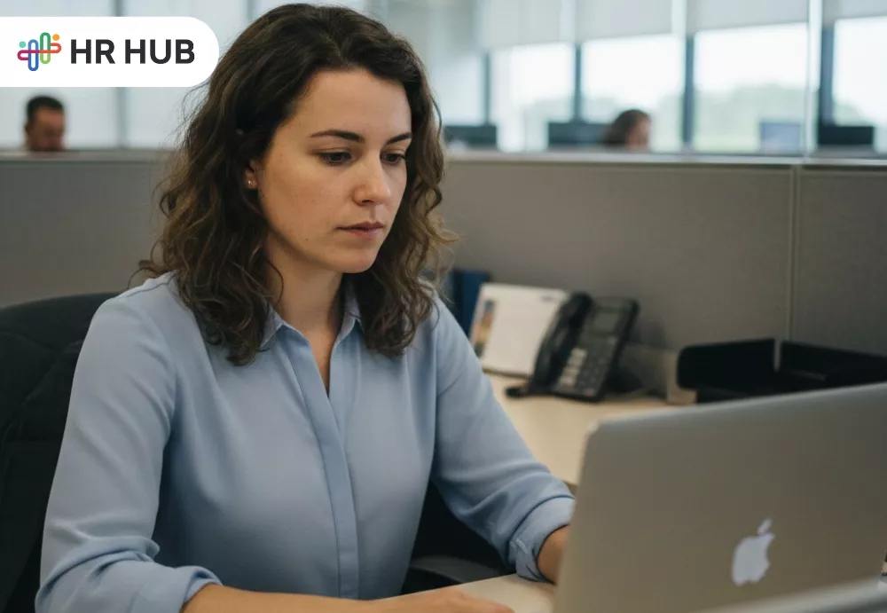 HR team using employee self-service portal on laptops in a modern office