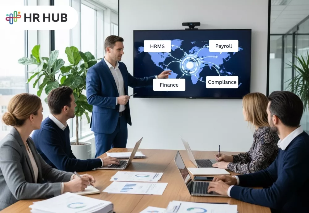 Global HRMS integration with payroll and finance