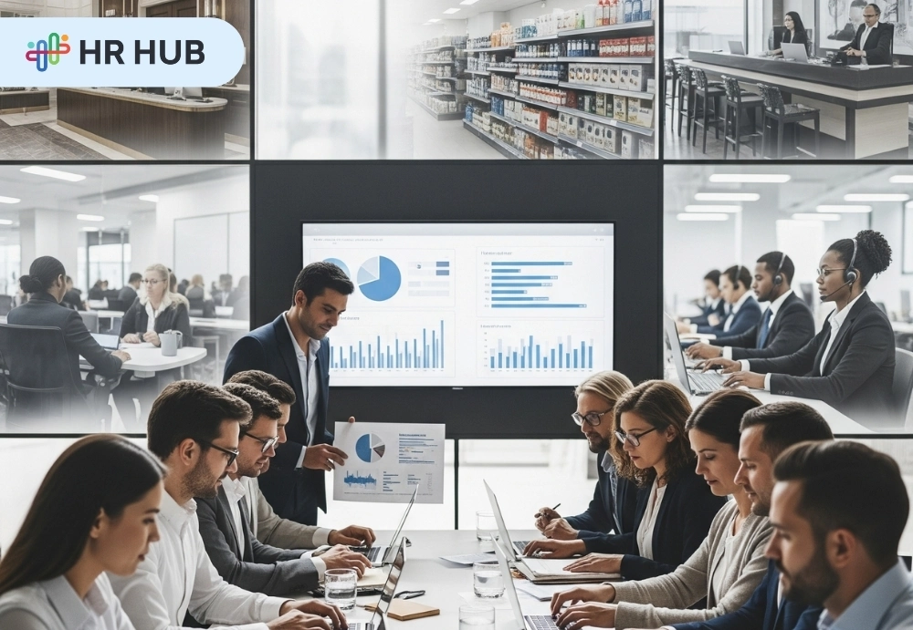 HR team discussing solutions to high turnover in hospitality, retail, BPO. HR team discussing solutions to high turnover in hospitality, retail, BPO.