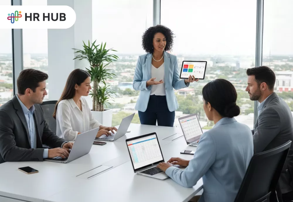 HR staff reviewing integrated HR dashboards showing workflows and automation