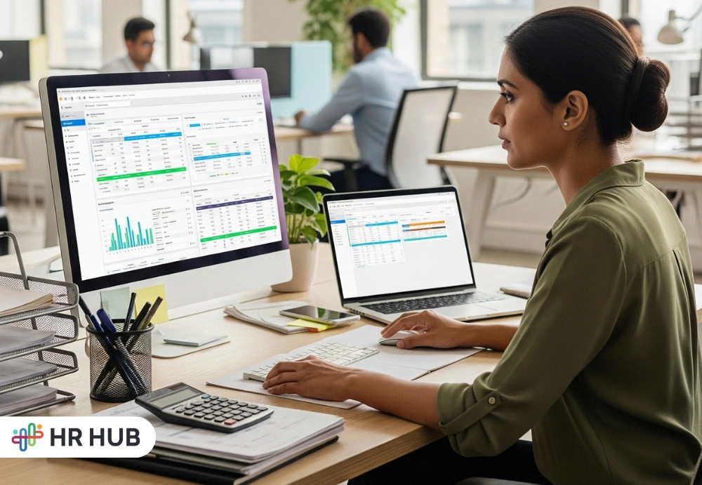 HR manager using payroll software for efficient business compliance. HR manager using payroll software for efficient business compliance.